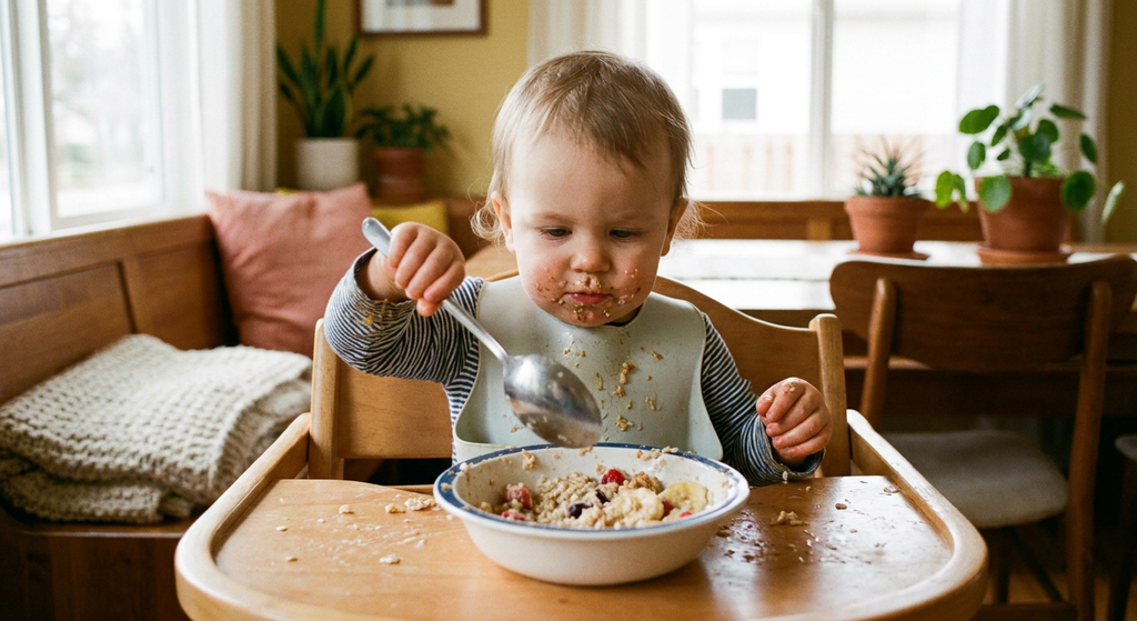 Kleinkind versucht selbstständig mit dem Löffel zu essen