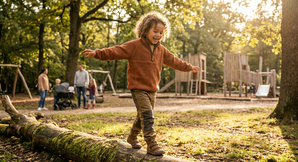 Fünfjähriges Kind balanciert fröhlich auf einem Baumstamm im Freien