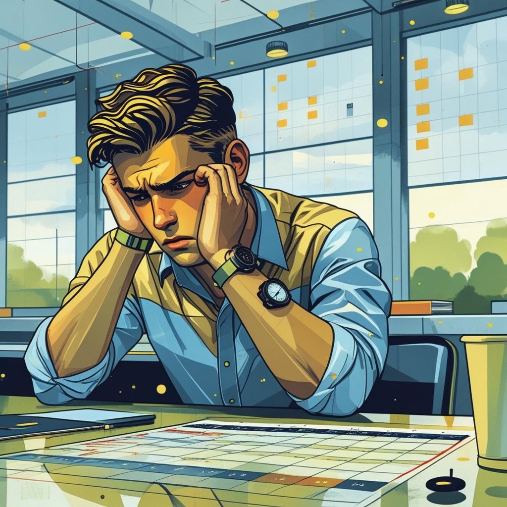Stresszes fiatal férfi az órát nézi